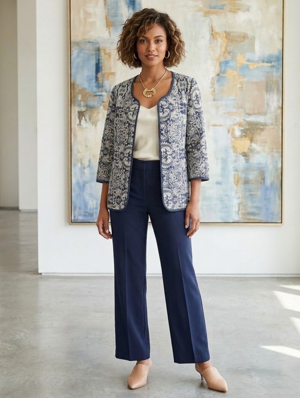Women's ColdWater Creek Navy Blue Damask Tapestry Open Front Jacket Size 12